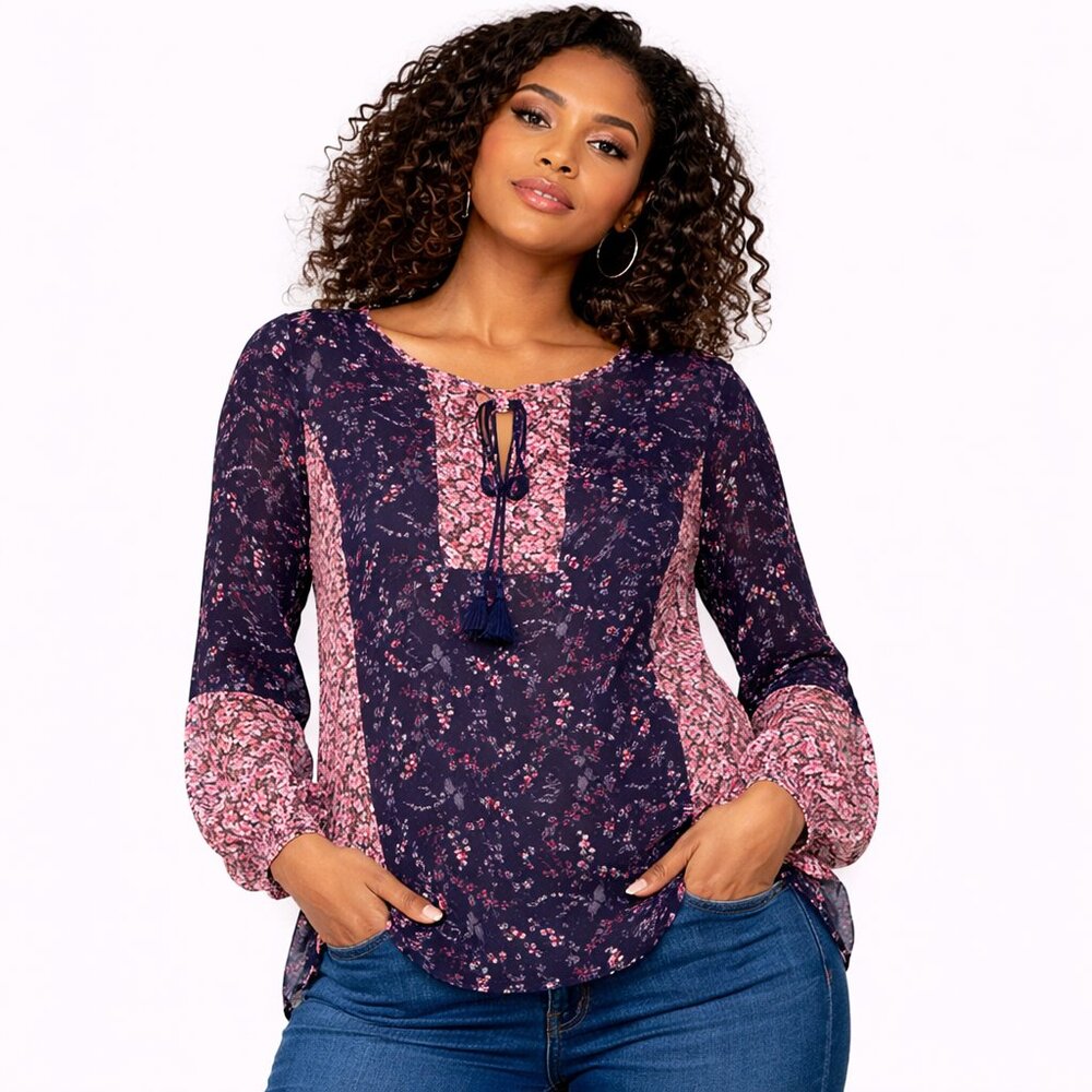 Soho Sheer Boho Long Sleeve Blouse | Multi Pattern Peasant Top | Size M